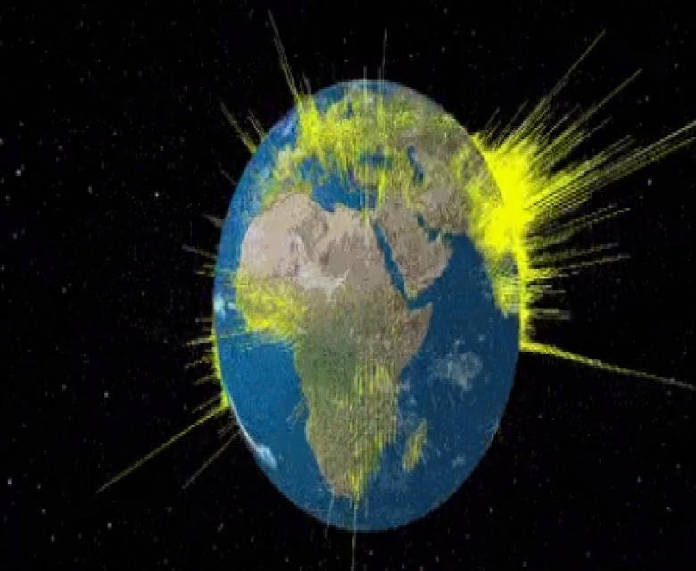 صورة متحركة للكرة الأرضية توضح عدد سكان كل دولة بالرسم البياني